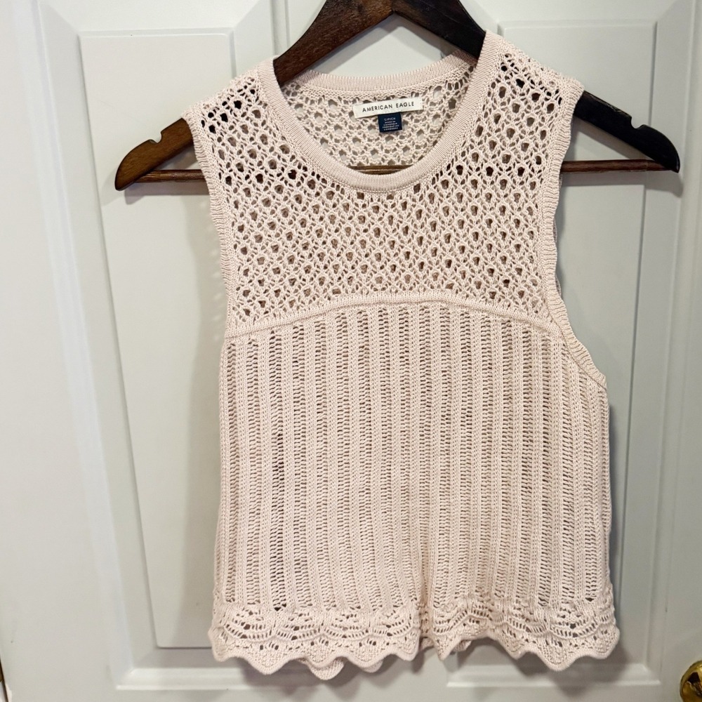 American Eagle Sweater Top Women Size S Cream Pointelle Knit Scalloped Hem Boho - Picture 1 of 7